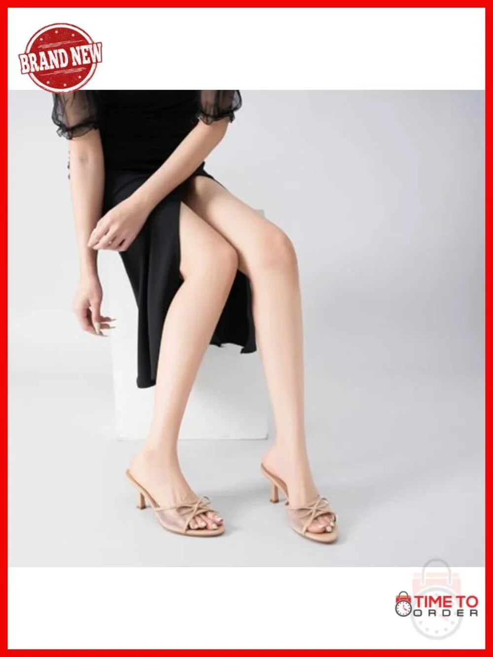 Kitten Heel Open Round Toe Slip On Mesh Mid Heeled Sandals